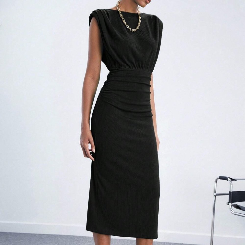 Black Preppy Womens Solid Shoulder Pad Ruched Waist Dress - Picture 4 of 5